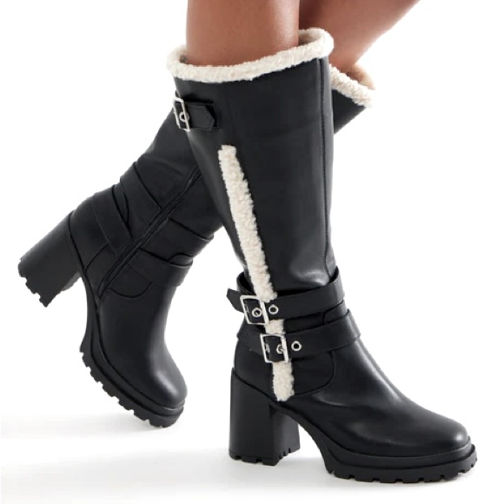 Soda Black Heeled Boots with Cream Trim